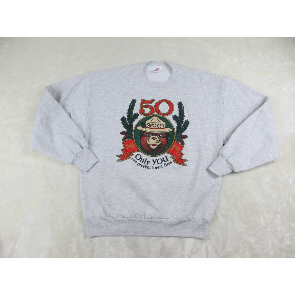 VINTAGE JERZEES Sweater Mens Large Gray Smokey The Bear Pullover USA 93'‎